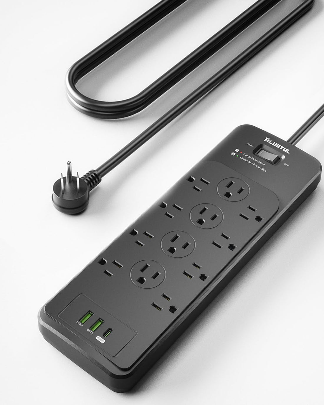 Surge Protector Power Strip 10FT(4080J) PLUGTUL Surge Protector with 12 Outlets - Spacious Design for Large Plugs Flat Plug 20W USB C Charging for Home Office ETL Listed