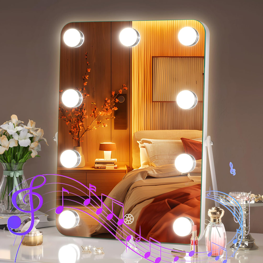 Hasipu Updated LED Makeup Mirror 10" x 14" Hollywood Vanity Mirror with Lights Rounded Rectangle White Frame 3 Modes Light Smart Touch Control Dimmable 360°Rotation