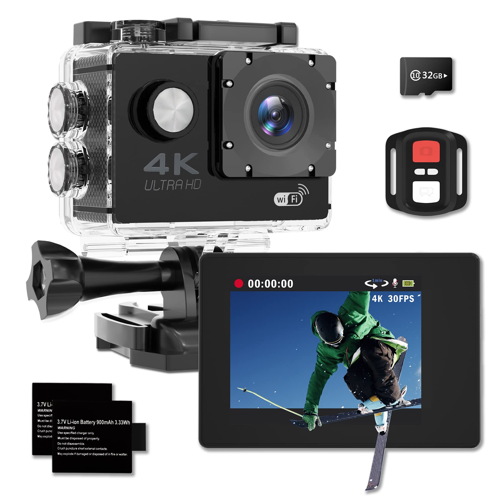 Adostob Action Camera 4K 30fps 30m/98ft Ultra HD Underwater Camera 170° Wide Angle 2.0" Screen Waterproof Cameras with WiFi Sports Cameras with 2 Batteries 32G SD Card Mounting Accessories Kit