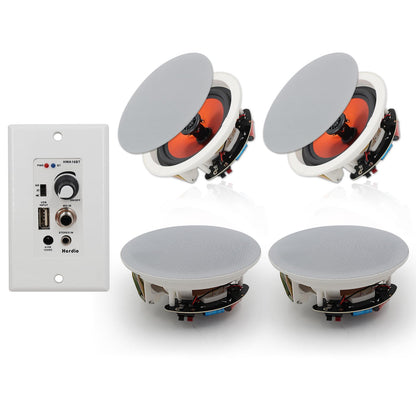 Herdio 6.5 Bluetooth in Ceiling in Wall Speakers 600W 2-Way Flush Mount Speakers System with Wall Amplifier Receiver for Home Theater Office Bathroom(2Pairs Paintable-Grille)