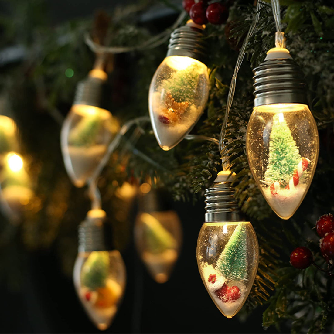 JUSTOTRY 2PC 6.6ft Christmas Lights for Indoor Bedroom Decorations - 10 LED Globe Bulbs String Light with Tree &amp; Snow &amp; Cute Ornaments for Home Patio Decor Fireplace Xmas Tree Decoration