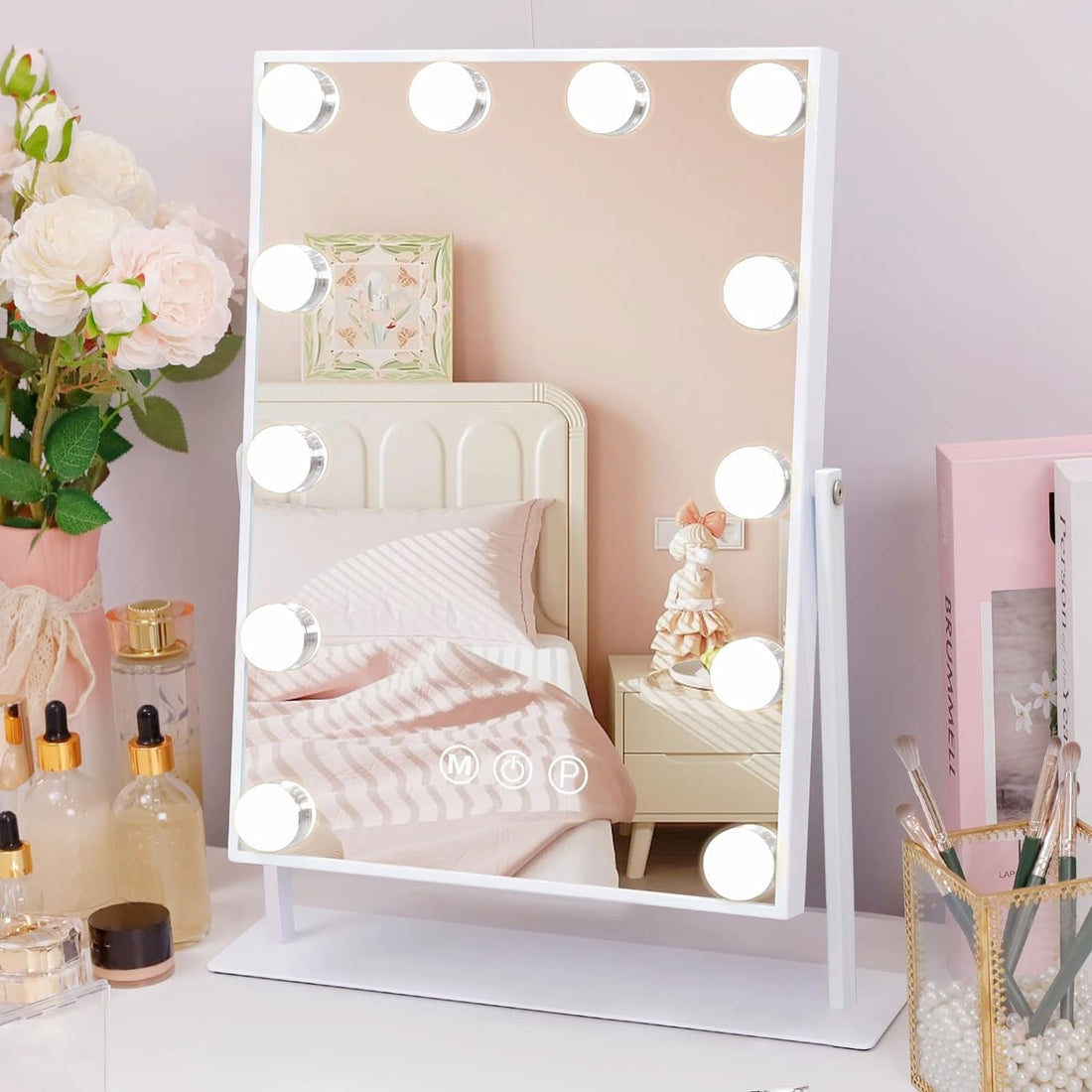 Fenair Vanity Mirror with Lights Lighted Hollywood Makeup Mirror with Lights and10X Magnification Mirror12 Dimmable Bulbs 360° Rotation (White)