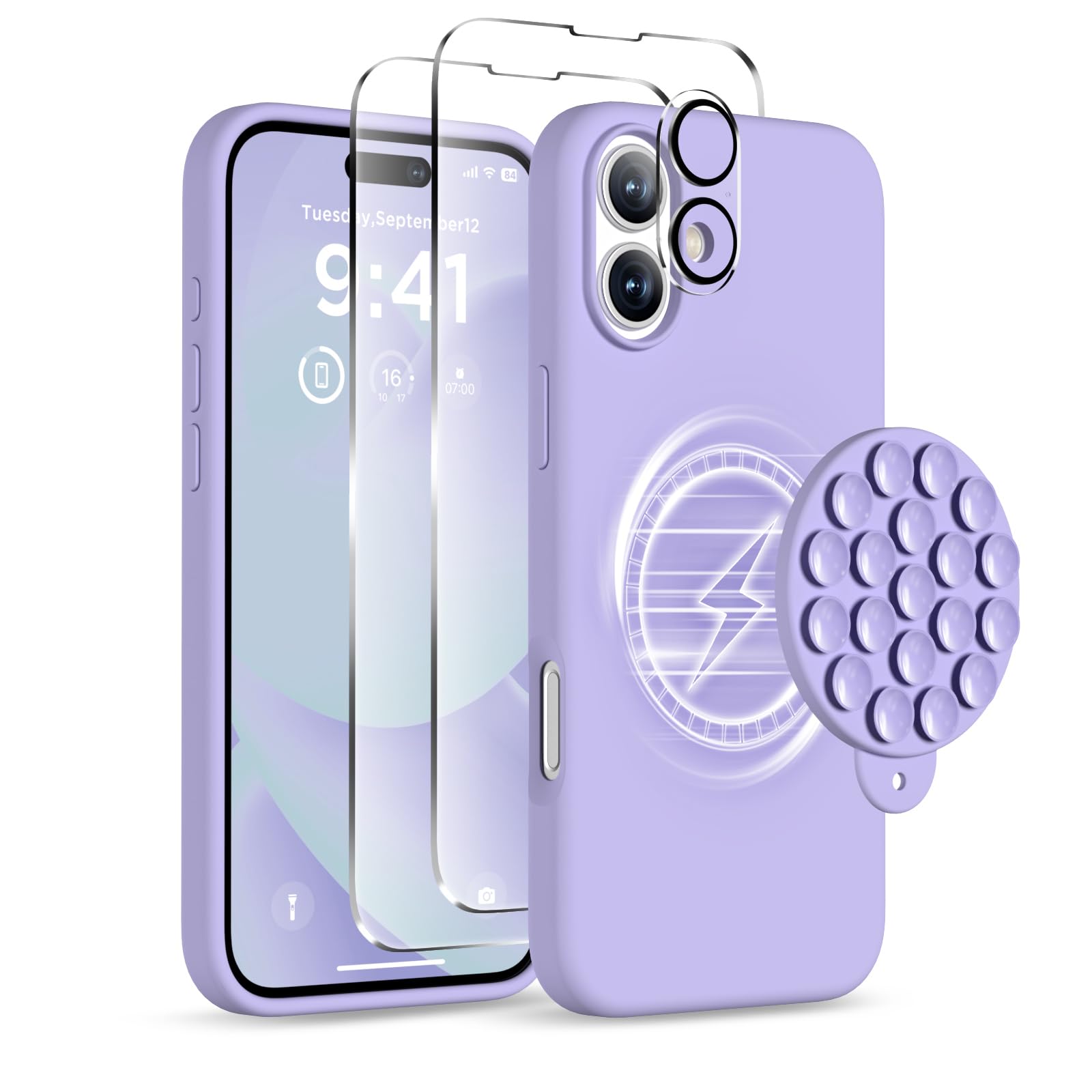 COFFKER Magnetic for iPhone 16 Plus Case Compatible with Magsafe Suction Cup Phone Mount - 2 Screen Protectors - Camera Lens Protector Silicone Shockproof Protective Phone Cover 6.7" Lilac Purple