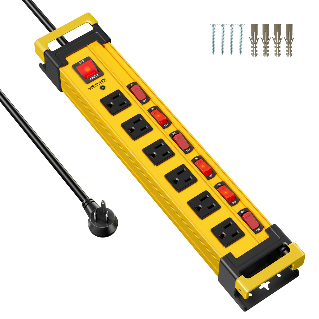 6 Outlet Heavy Duty 2700J Power Strip Surge Protector with Individual Switches Metal Mountable Power Strip with Flat Plug and Cord Manager 6FT Long Extension Cord for Workshop Workbench and Garage