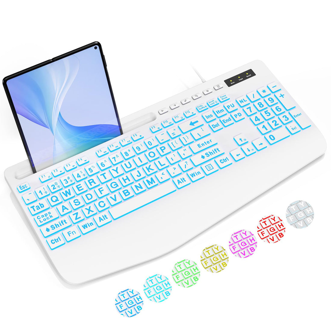 SABLUTE Large Print Backlit Computer Keyboards Wired Lighted USB Keyboards with 7-Color Backlit Wrist Rest Phone Holder Easy to Read and Type for Laptop PC Windows Desktop (White)