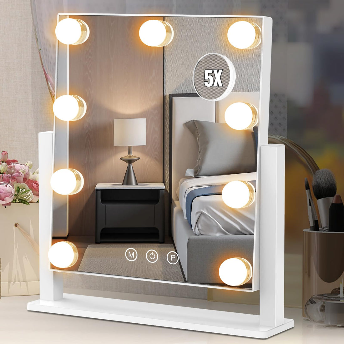 Vanity Mirror with Lights Hollywood Lighted Makeup Mirror with 3 Color Lighting Modes and 9 Dimmable Bulbs Detachable 5X Magnification Smart Touch Control 360°Rotation White