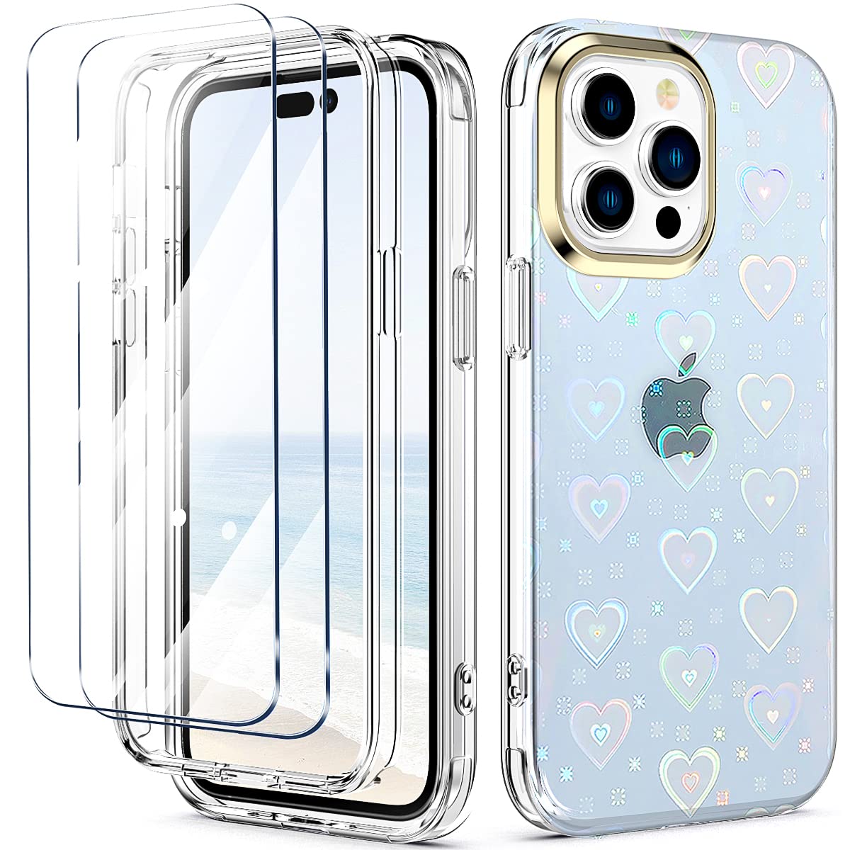 Hocase for iPhone 14 Pro Case (with 2-Pack Glass Screen Protectors) Slim Shockproof Soft TPU+Hard Plastic Full Body Protective Case for iPhone 14 Pro (6.1" Display) 2022 - Holographic Heart