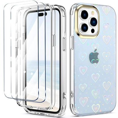 Hocase for iPhone 14 Pro Case (with 2-Pack Glass Screen Protectors) Slim Shockproof Soft TPU+Hard Plastic Full Body Protective Case for iPhone 14 Pro (6.1" Display) 2022 - Holographic Heart