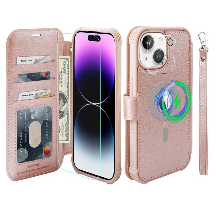 VANAVAGY Compatible for iPhone 15 Wallet Case for Magsafe Wireless ChargingLeather Flip Folio Wrist [Glass Screen Protectors &amp; Camera Lens Protectors] with RFID Block Card HolderRose Gold