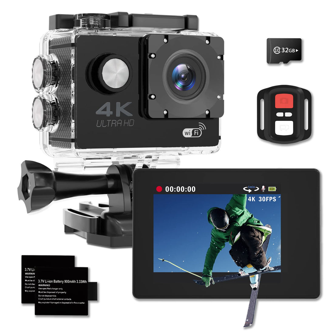 Adostob Action Camera 4K 30fps 30m/98ft Ultra HD Underwater Camera 170° Wide Angle 2.0" Screen Waterproof Cameras with WiFi Sports Cameras with 2 Batteries 32G SD Card Mounting Accessories Kit