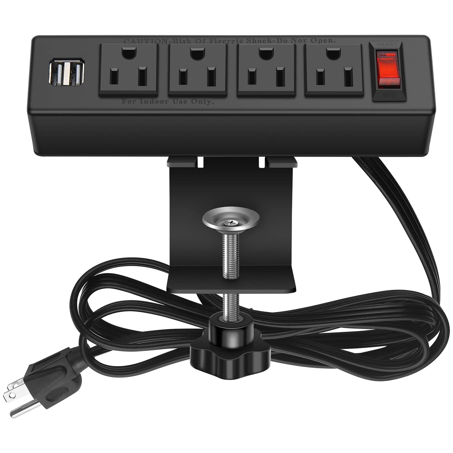 HHSOET Desk Clamp Power Strip Desktop Power Outlet Clamp Mount with 2 USB Ports 4 AC Outlets Mountable Desk Outlet Removable Power Plugs with 10ft Cord (Black)