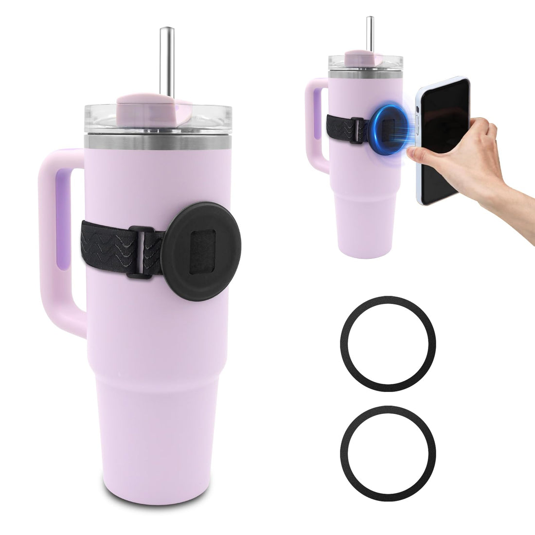 Water Bottle Phone Holder for MagSafe Magnetic Holder Upgrade Silicone Anti-slip Adjustable Strap for Stanley Cup Gym Accessories for iPhone &amp; AirPods Owala Simple Modern Water Bottle w/2×Metal Ring