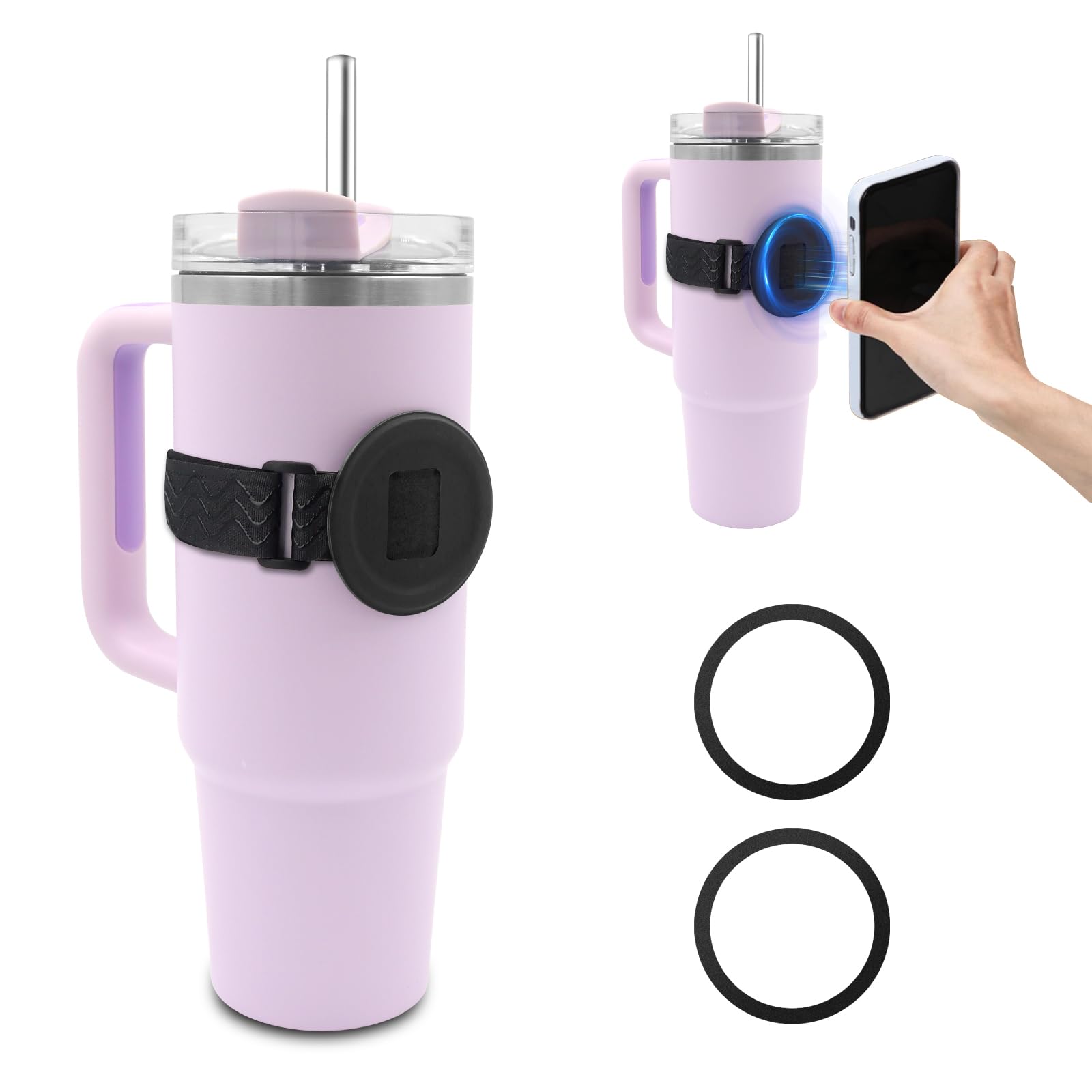 Water Bottle Phone Holder for MagSafe Magnetic Holder Upgrade Silicone Anti-slip Adjustable Strap for Stanley Cup Gym Accessories for iPhone &amp; AirPods Owala Simple Modern Water Bottle w/2×Metal Ring