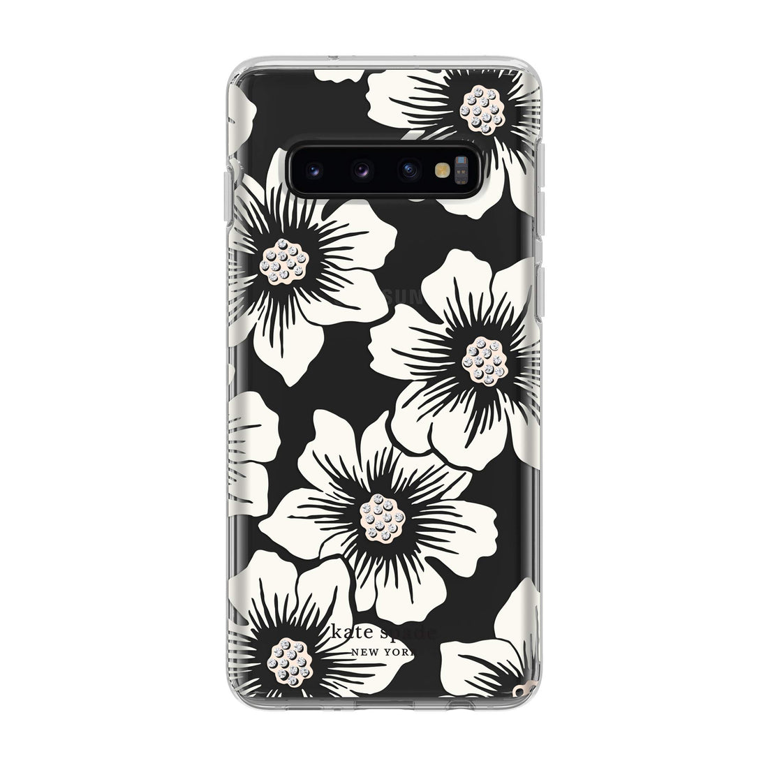 kate spade new york Phone Case | for Samsung Galaxy S10 | Protective Clear Crystal Hardshell Phone Cases with Slim Design and Drop Protection - Hollyhock Floral Clear/Cream with Stones