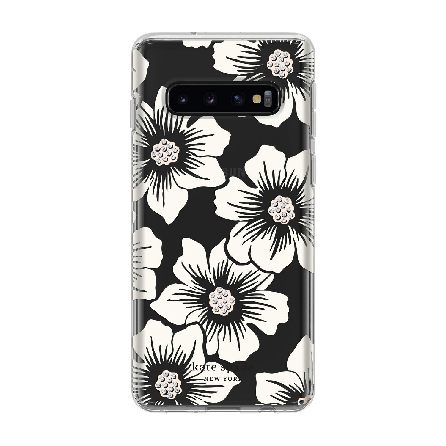 kate spade new york Phone Case | for Samsung Galaxy S10 | Protective Clear Crystal Hardshell Phone Cases with Slim Design and Drop Protection - Hollyhock Floral Clear/Cream with Stones