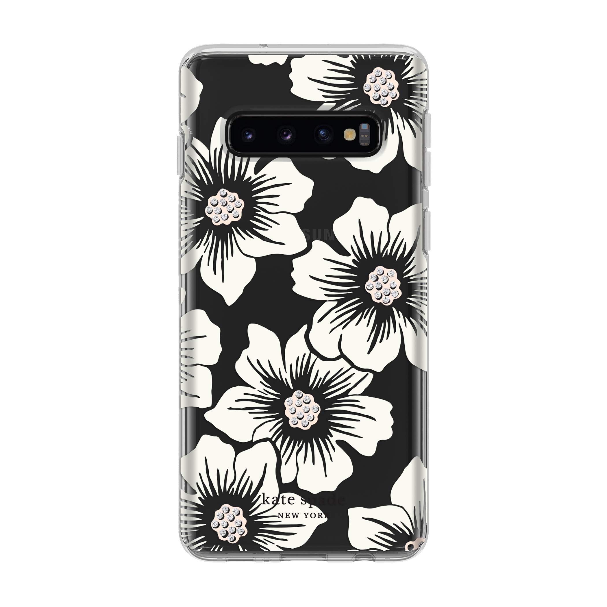 kate spade new york Phone Case | for Samsung Galaxy S10 | Protective Clear Crystal Hardshell Phone Cases with Slim Design and Drop Protection - Hollyhock Floral Clear/Cream with Stones