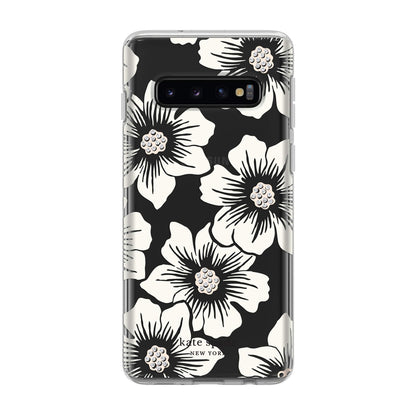 kate spade new york Phone Case | for Samsung Galaxy S10 | Protective Clear Crystal Hardshell Phone Cases with Slim Design and Drop Protection - Hollyhock Floral Clear/Cream with Stones