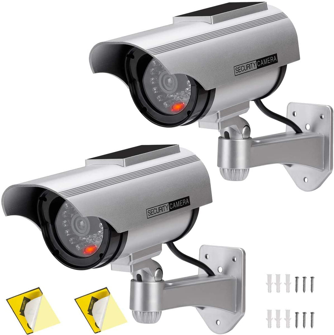 PreZiouz Solar Powered Dummy Security Camera Bullet Fake Security Cameras Simulated Surveillance System with Red LED Light and CCTV Stickers for Home Businesses Indoor/Outdoor (2 Packs Silver)