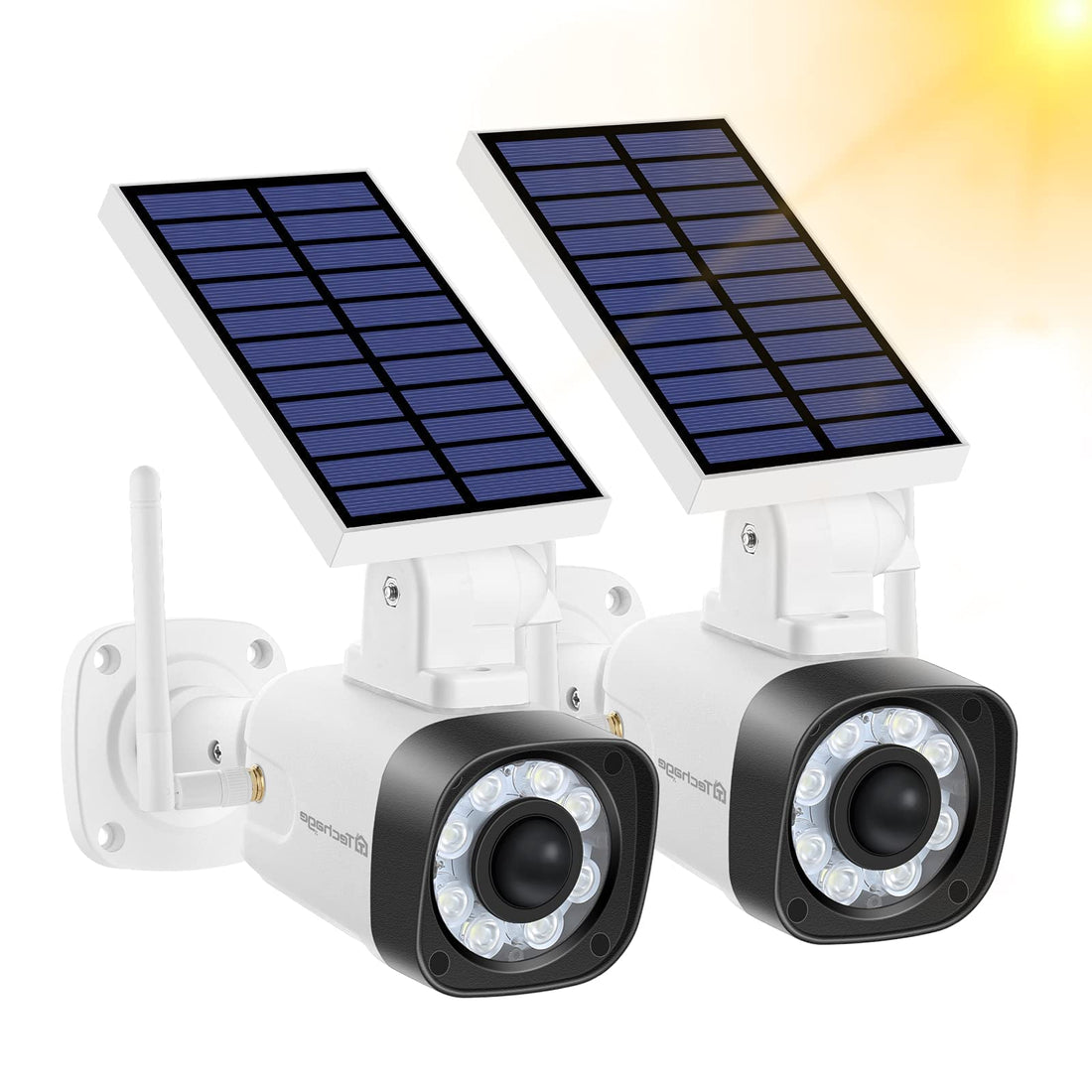 Fake Security Camera - Techage Solar Powered Dummy Cameras with Red LED Light and Motion Detection IP66 Waterproof Simulated Surveillance Cam for Outdoor Security Packs of 2(White)